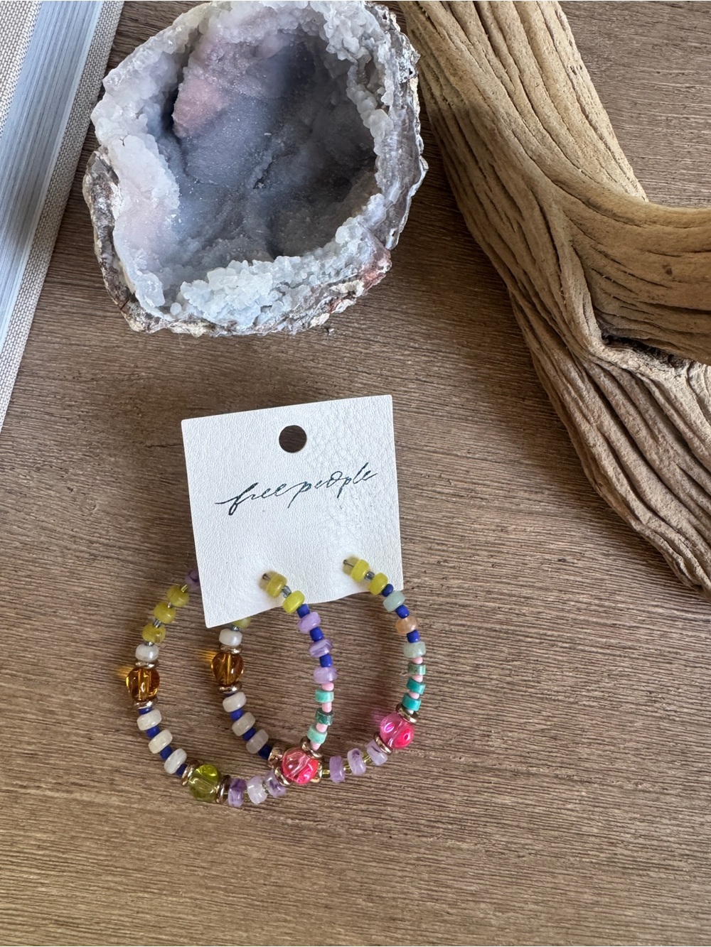 Free People Colorful Beaded Hoop Earrings NWT Boho Statement - Picture 2 of 3